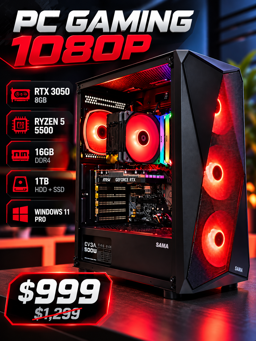 🔥🎮 PC GAMING 1080P 🚀 | RTX 3050 8GB ⚡ | RYZEN 5 5500 💻 | 16GB RAM DDR4 | 1TB HDD + 120GB SSD | WINDOWS 11 PRO 🖥️