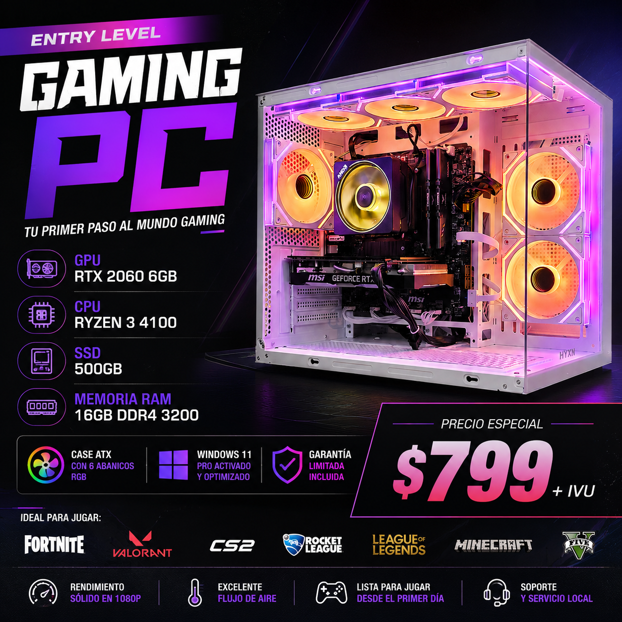 🚀 Entry Level Gaming PC – RTX 2060 6GB | Ryzen 3 4100 | 16GB RAM | 500GB SSD | Windows 11 Pro