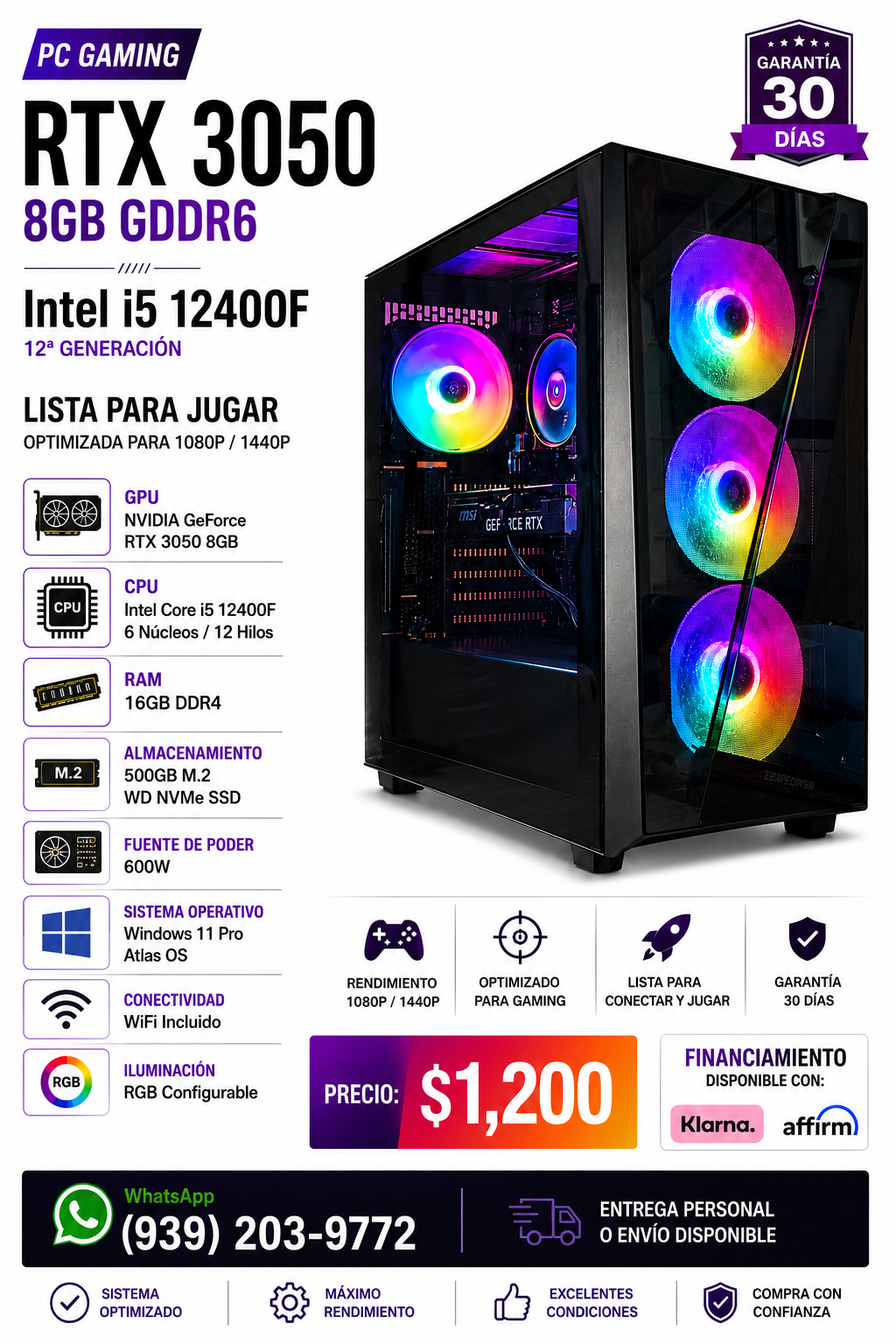 🚀 RTX 3050 8GB | Intel i5 12400F | 16GB RAM | 500GB M.2 SSD | Win 11 PRO 🚀