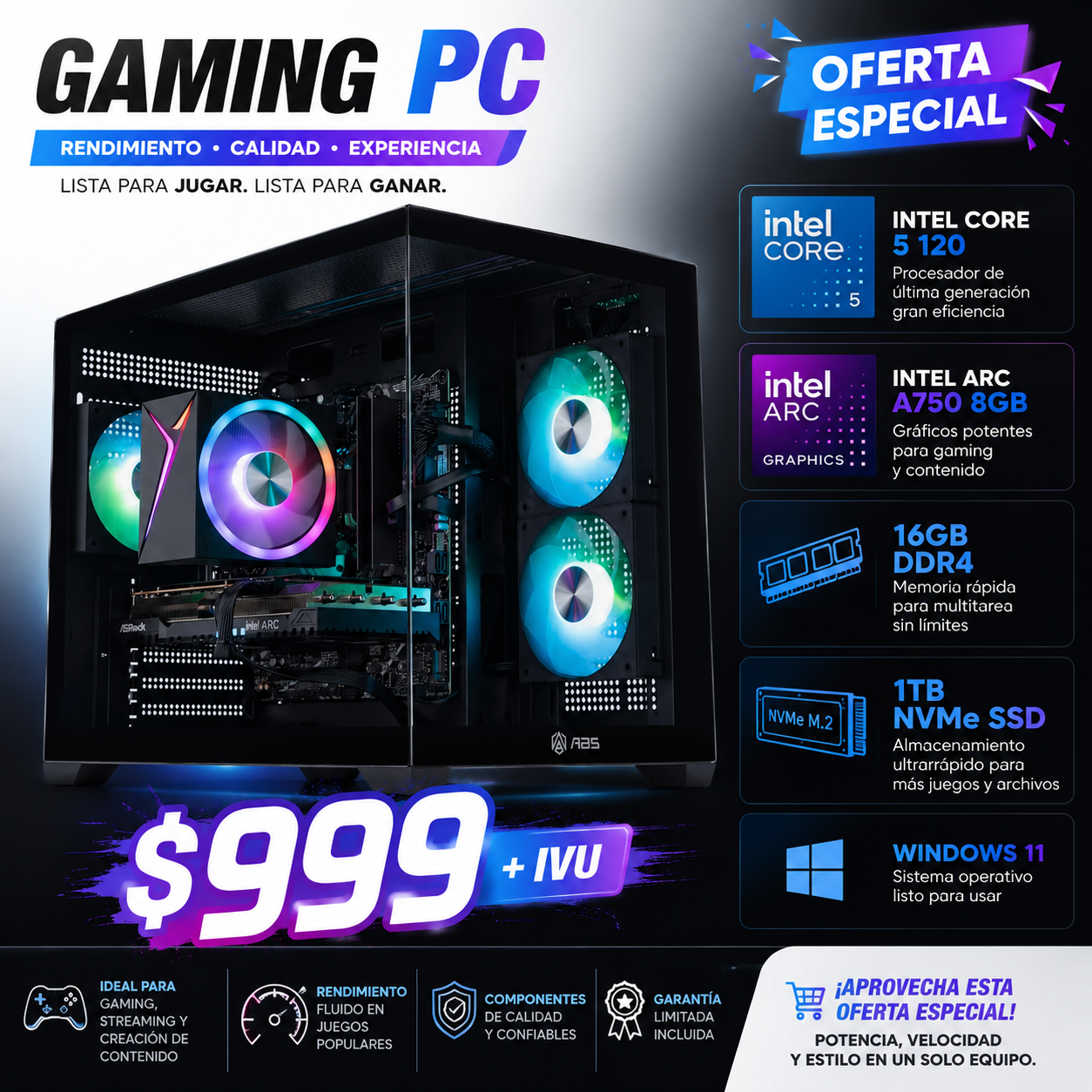 🎮 Gaming PC Intel Core 5 120 | Intel Arc A750 8GB | 16GB DDR4 | 1TB NVMe SSD | Windows 11 Pro | Oferta Especial