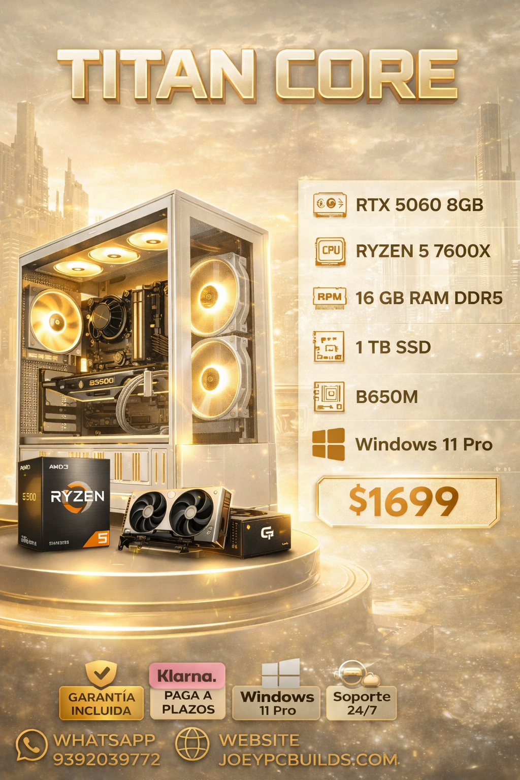 TITAN CORE Gaming PC – RTX 5060 8GB / Ryzen 5 7600X / 16GB DDR5 / 1TB SSD / Windows 11 Pro