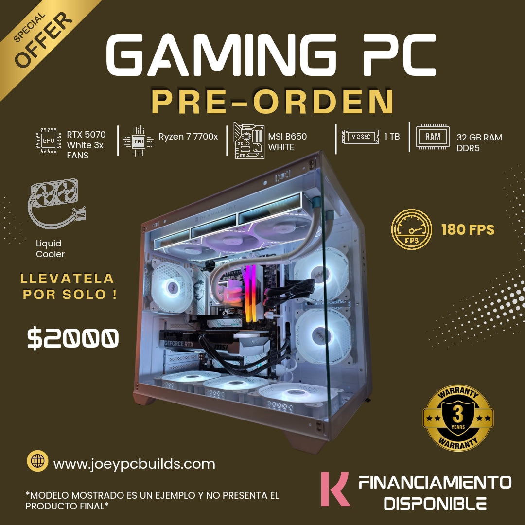 Gaming PC - RTX 5070 WHITE - 32 GB RAM DDR5 WHITE - 1 TB SSD - RYZEN 7 7700X - LIQUID COOLER - B650M GIGABYTE- 360M- WIN 11 PRO - WIFI