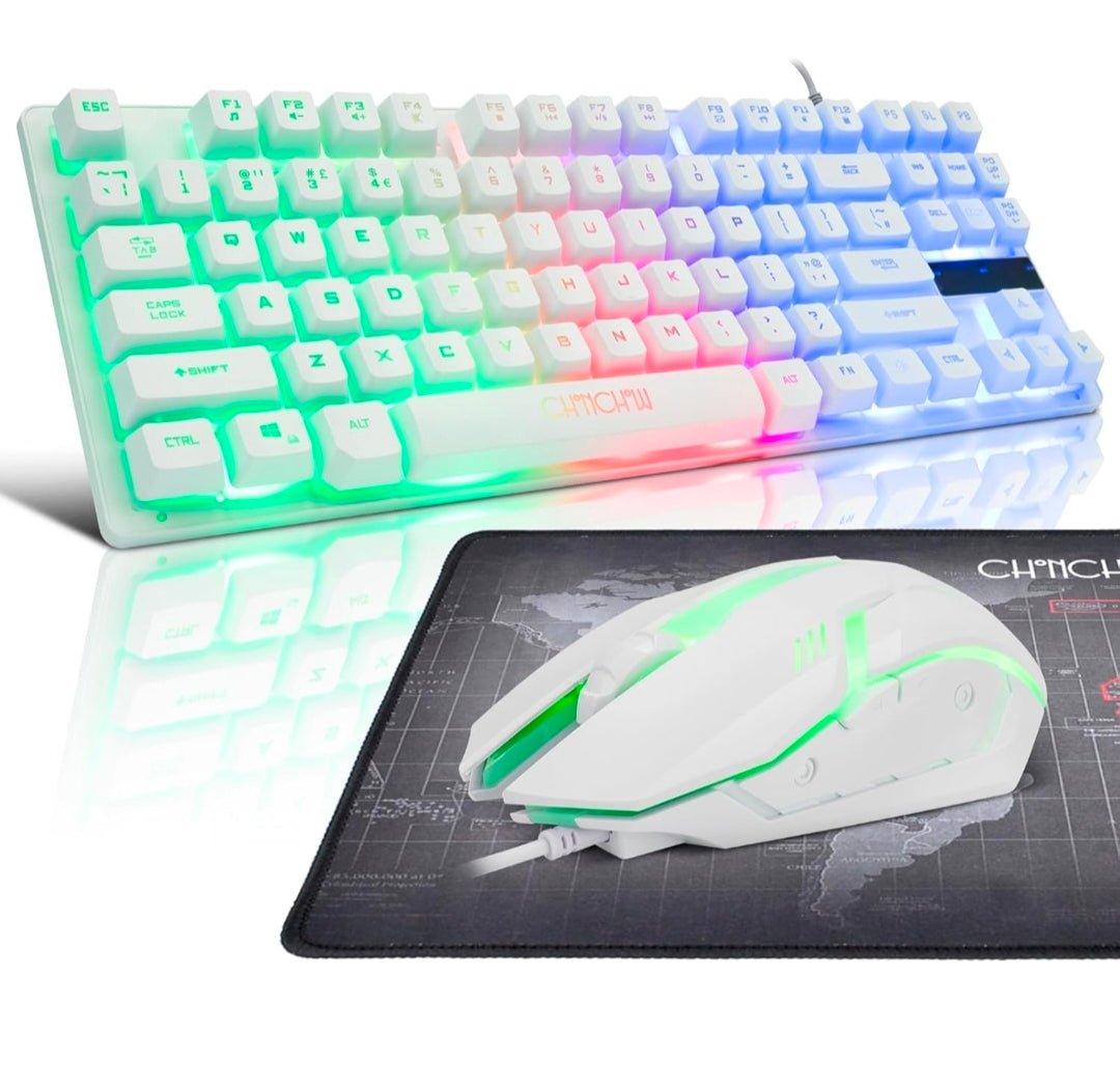 Combo Gaming White Edition: Teclado Mecánico TKL Retroiluminado + Mouse Pro + Mousepad