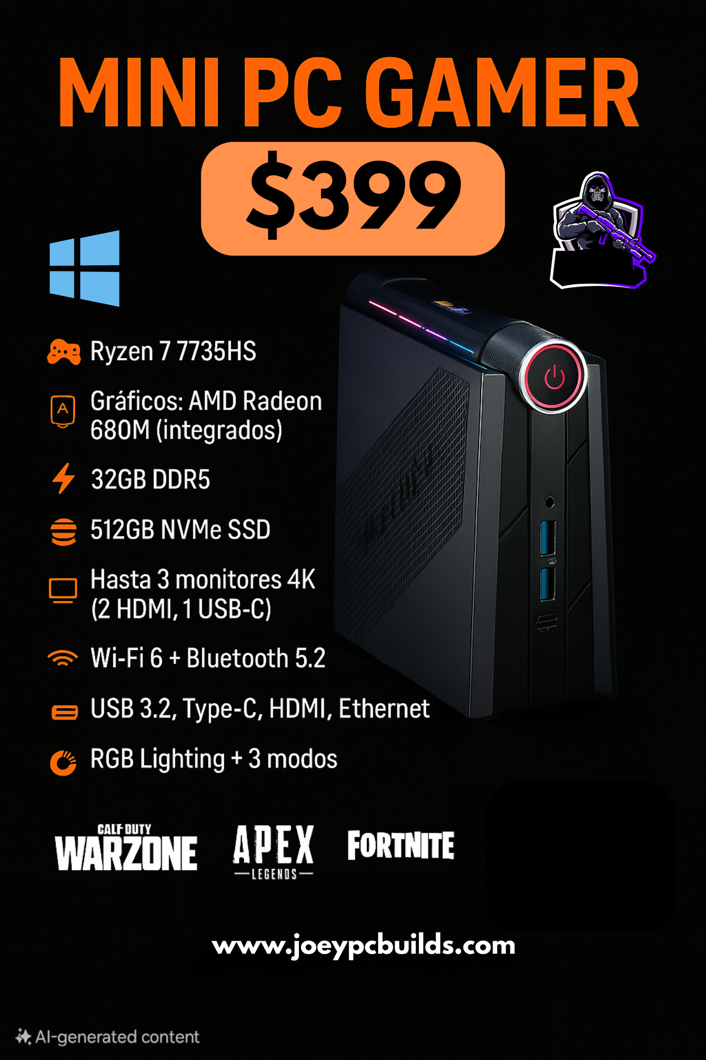 🚀 Mini PC Gaming Ryzen 7 | 32GB DDR5 | 512GB SSD | WARZONE | FORTNITE | GTA V