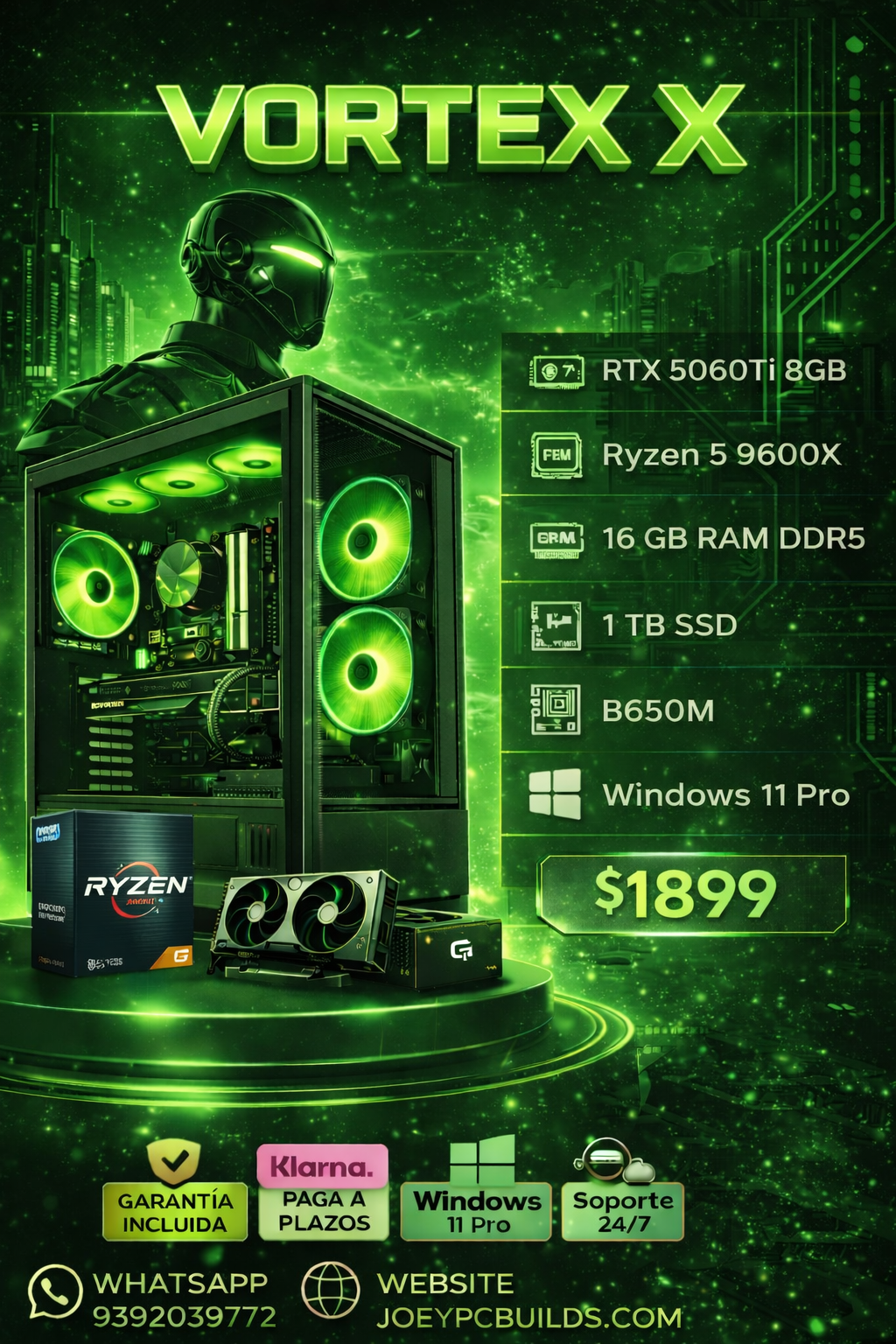 VORTEX X Gaming PC – RTX 5060 Ti 8GB / Ryzen 5 9600X (9000 Series) / 16GB DDR5 / 1TB SSD / Windows 11 Pro