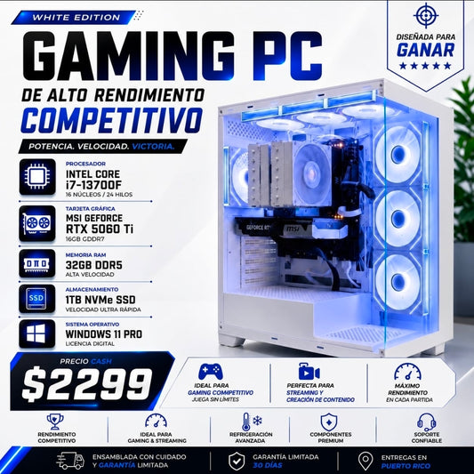 🎮⚡ Gaming PC de Alto Rendimiento Competitivo | Intel Core i7-13700F | MSI RTX 5060 Ti 16GB | 32GB DDR5 | 1TB NVMe SSD | Windows 11 Pro | 🤍 White