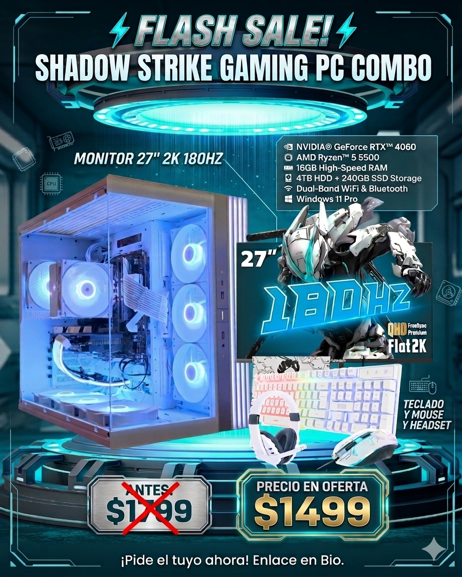 Combo Gaming PC "Shadow Strike" – RTX 4060, Ryzen 5 5500, 16GB RAM, 4TB HDD + 240GB SSD + Monitor 27" 2K 180Hz