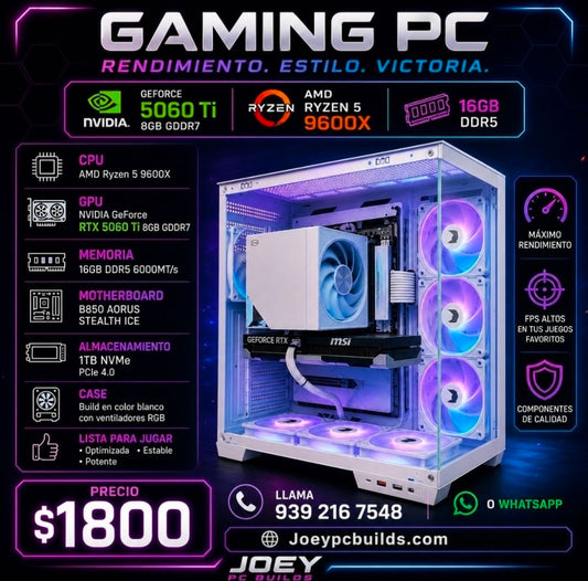 Gaming PC RTX 5060 Ti 8GB | Ryzen 5 9600X | 16GB DDR5 | 1TB NVMe | B850 AORUS STEALTH ICE | RGB Build