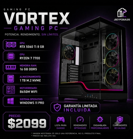 Gaming PC Vortex Edition – Ryzen 7 7700 – RTX 5060 Ti 8GB – 16GB DDR5 – 1TB M.2 NVMe SSD – B650M WiFi – Windows 11 Pro