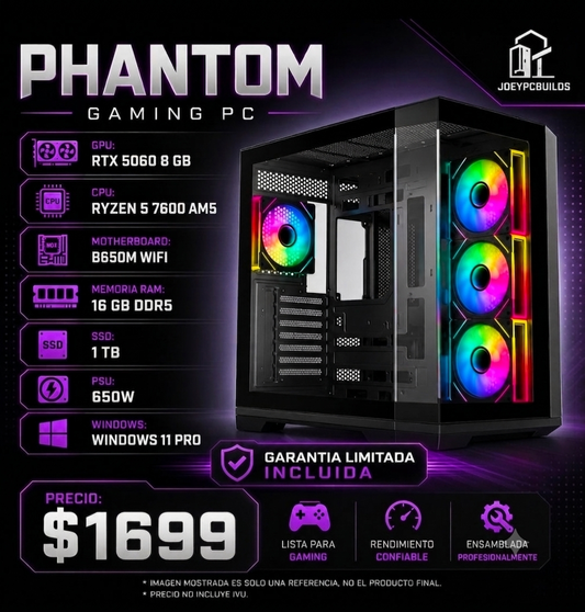 Gaming PC Phantom Edition – Ryzen 5 7600 AM5 – RTX 5060 8GB – 16GB DDR5 – 1TB NVMe SSD – Windows 11 Pro – WiFi