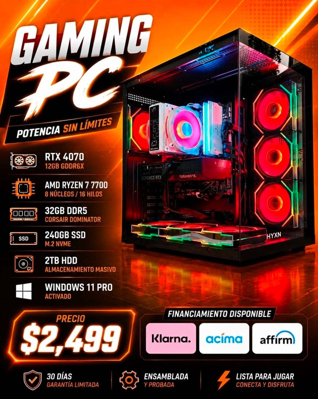 Gaming PC - AMD Ryzen 7 7700 | RTX 4070 12GB | 32GB DDR5 Corsair Dominator | 240GB SSD + 2TB HDD | Windows 11 Pro