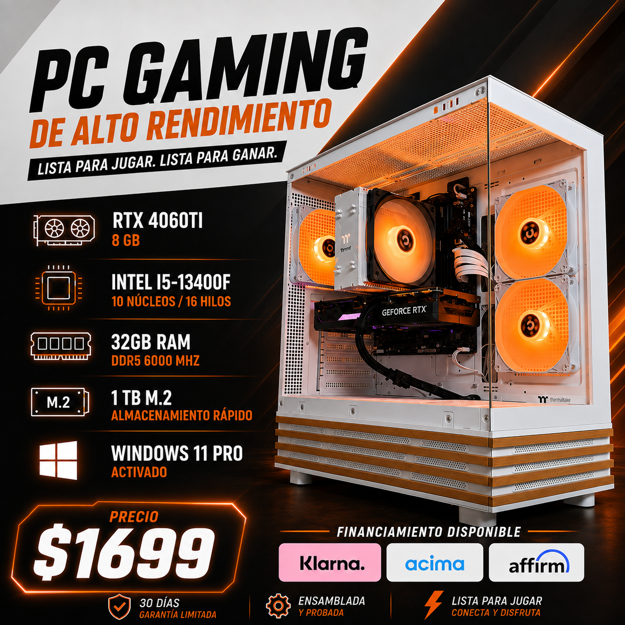 PC Gaming RTX 4060 Ti 8GB | Intel Core i5-13400F | 32GB DDR5 6000MHz | 1TB NVMe | Windows 11 Pro