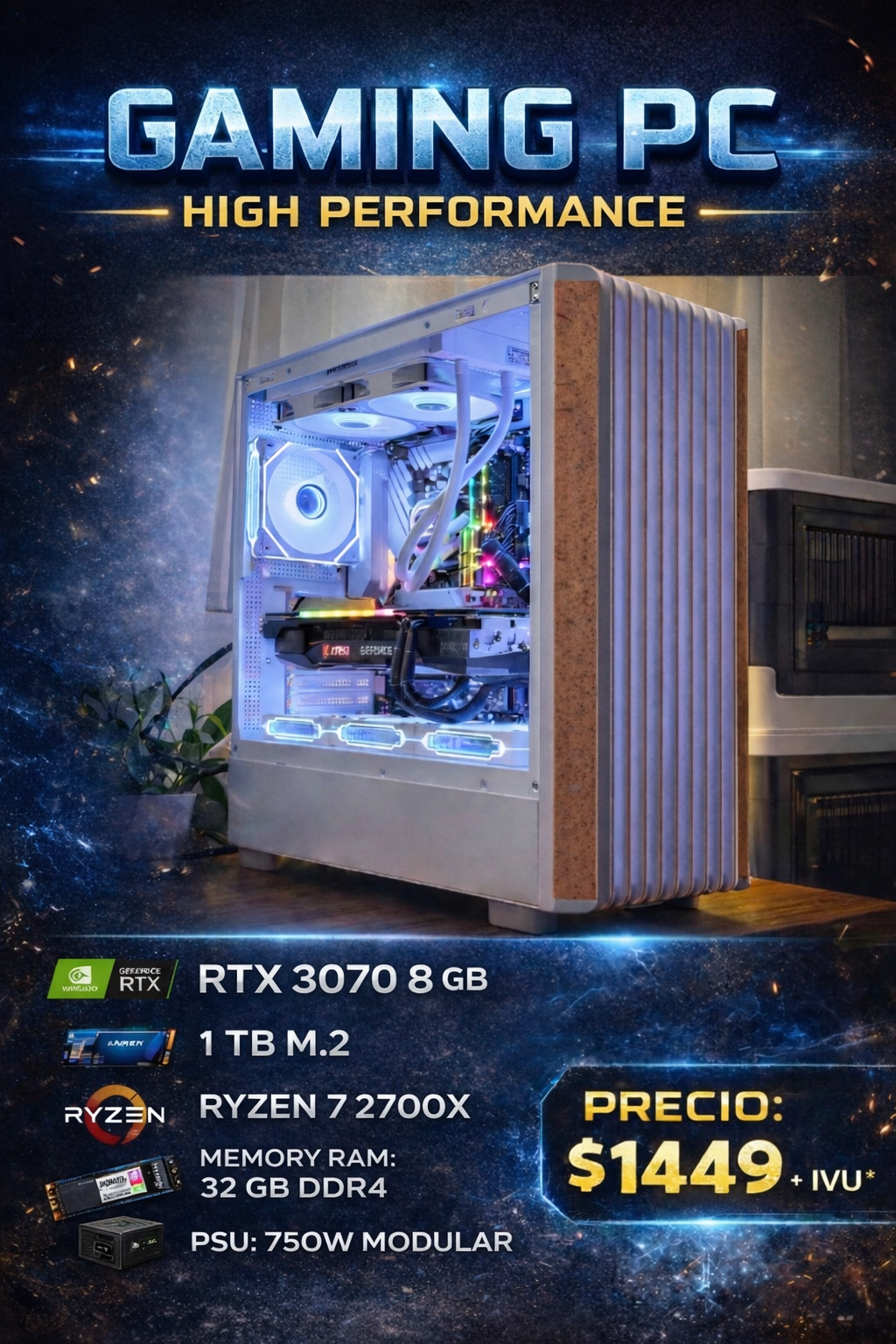 Gaming PC High Performance | RTX 3070 8GB · Ryzen 7 2700X · 16GB RAM · 1TB M.2 · Windows 11 Pro