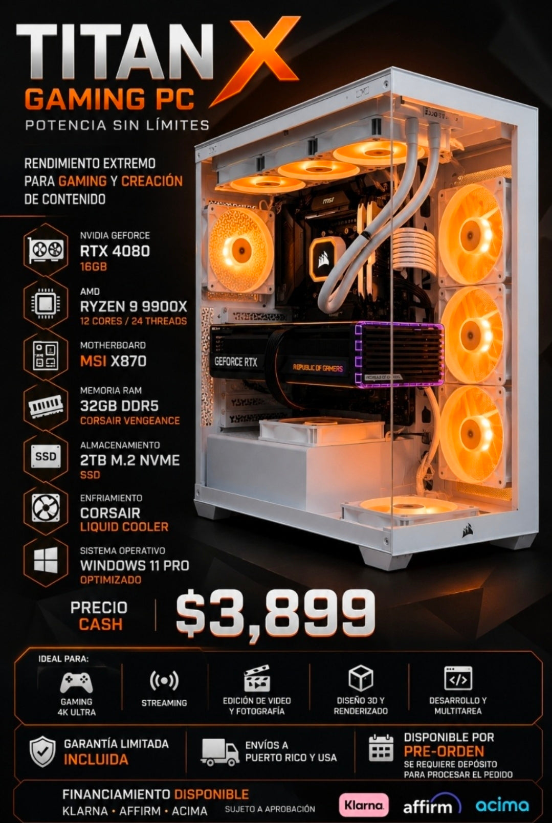 Titan X Gaming PC | Ryzen 9 9900X | RTX 4080 16GB | 32GB DDR5 Corsair | 2TB NVMe | Windows 11 Pro