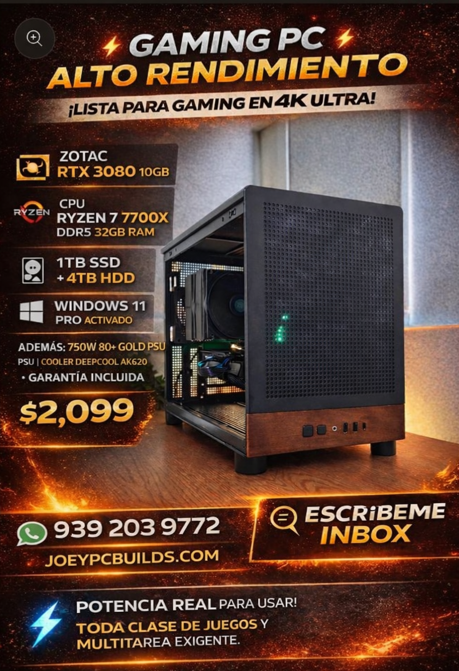 🎮 Gaming PC Ryzen 7 7700X | RTX 3080 10GB | 32GB DDR5 | 1TB SSD + 4TB HDD | Windows 11 Pro