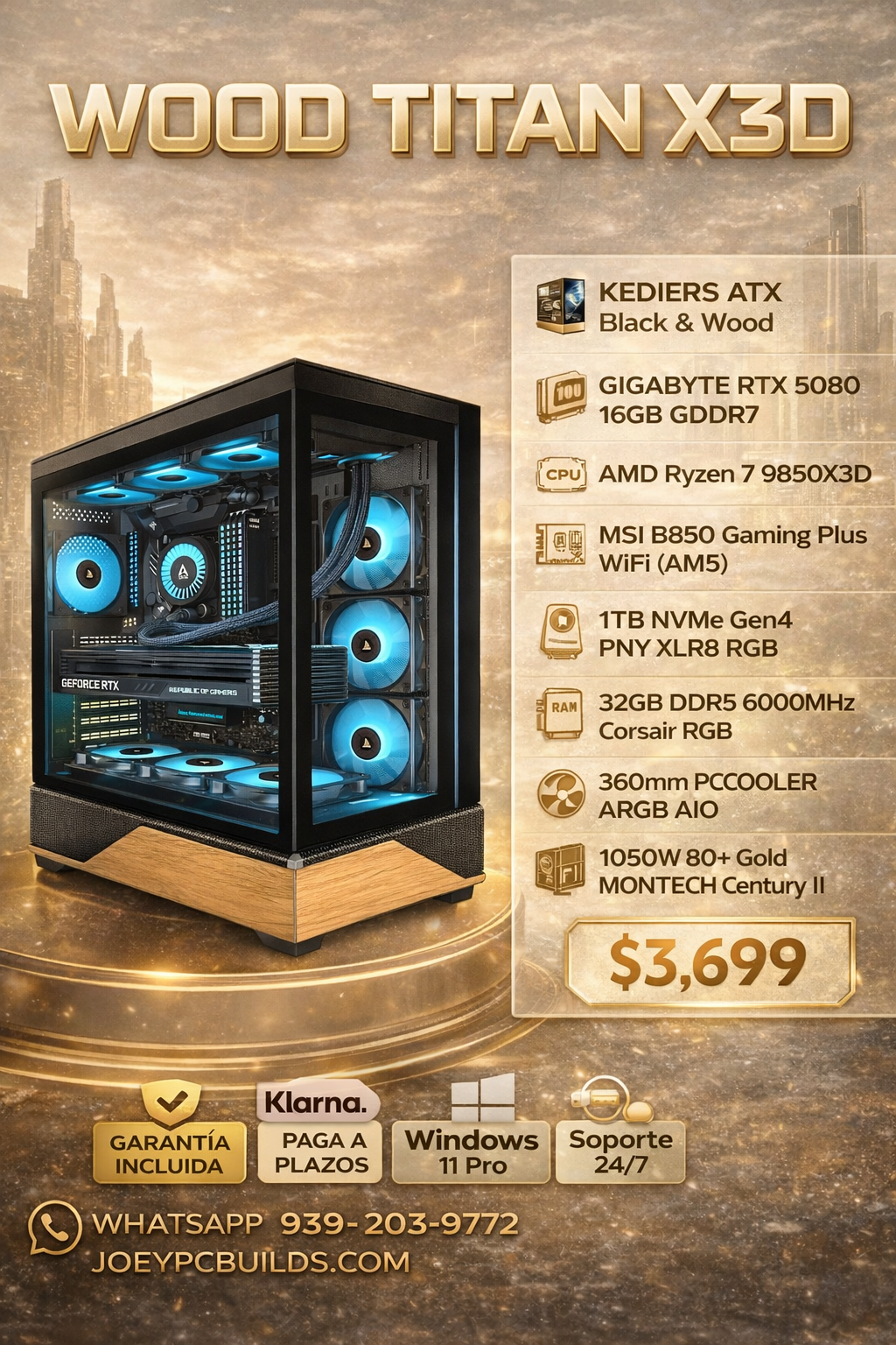 🔥 WOOD TITAN X3D – RTX 5080 16GB | Ryzen 7 9850X3D | 32GB DDR5 | 1TB NVMe | Liquid Cooling | WiFi | Windows 11 Pro