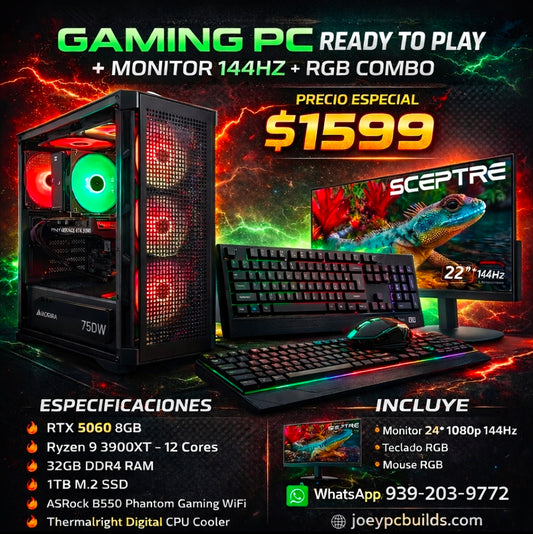 🔥 Gaming PC RTX 5060 | Ryzen 9 3900XT | 32GB RAM | 1TB SSD | Corsair 750W | Monitor 144Hz Combo