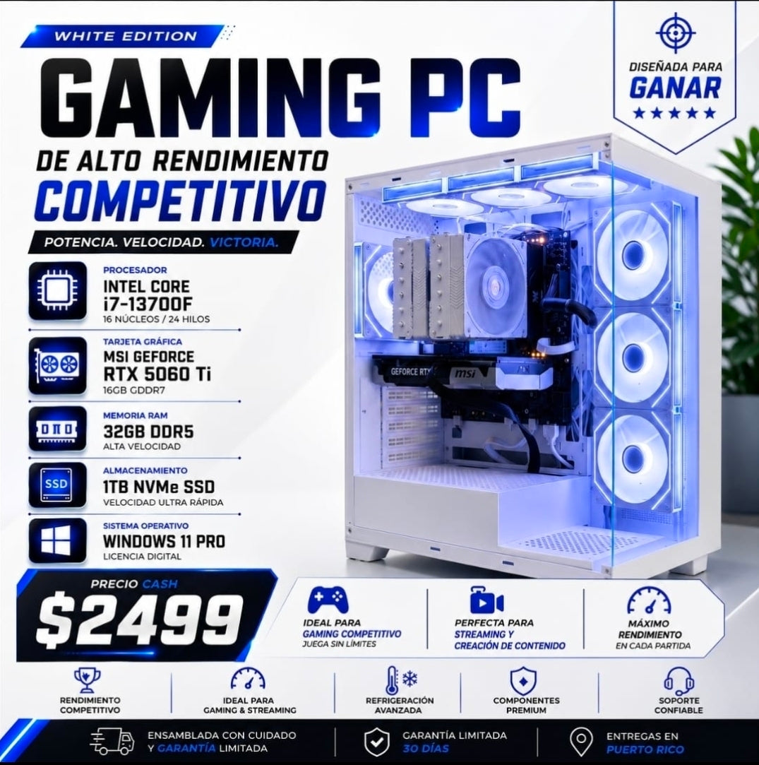 🎮⚡ Gaming PC de Alto Rendimiento Competitivo | Intel Core i7-13700F | MSI RTX 5060 Ti 16GB | 32GB DDR5 | 1TB NVMe SSD | Windows 11 Pro | 🤍 White