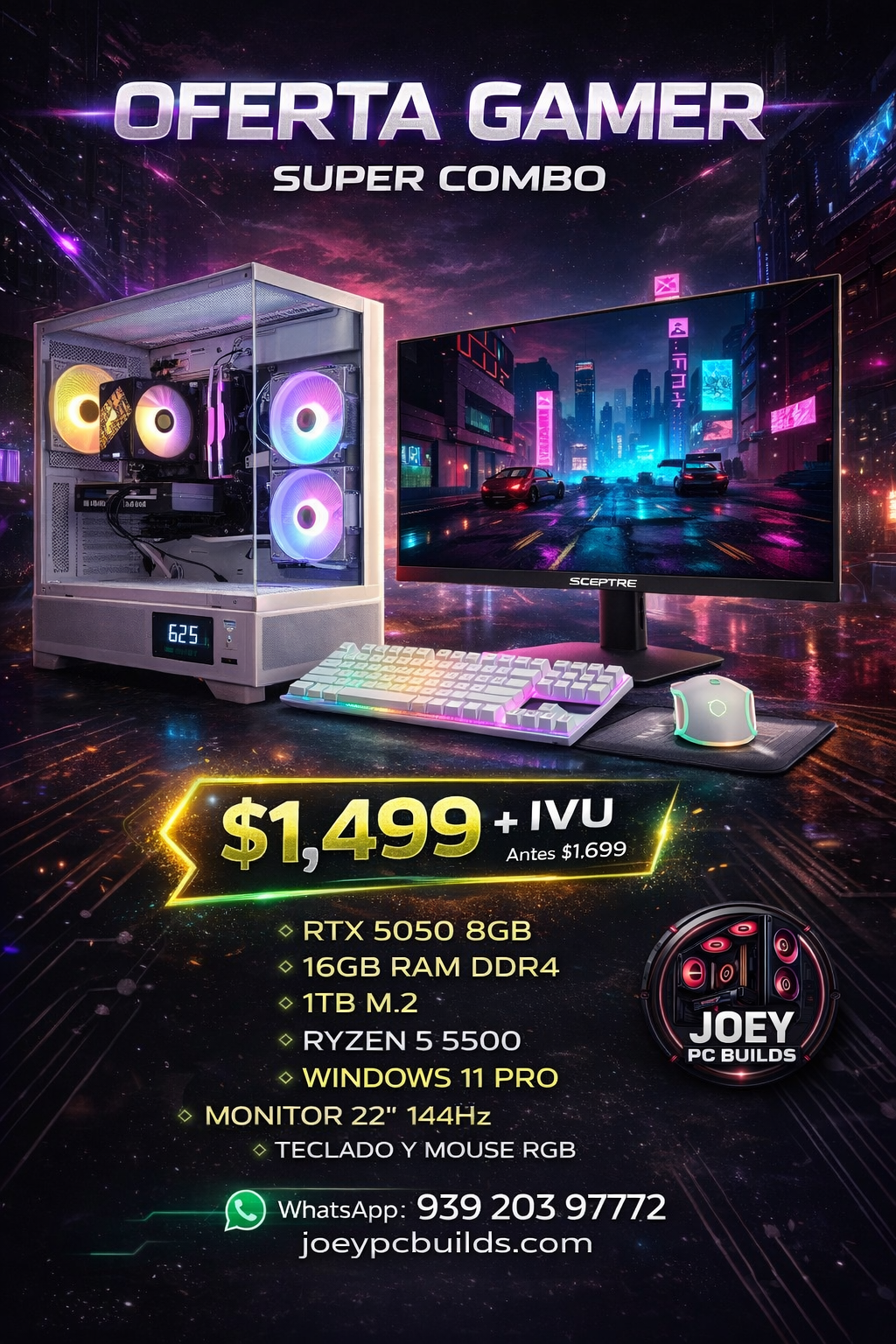 Combo Gaming Starter RGB ⚡ Ryzen 5 5500 | RTX 5050 8GB | 16GB RAM | 1TB NVMe | Monitor 144Hz