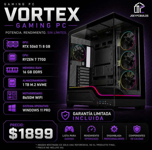 Gaming PC Vortex Edition – Ryzen 7 7700 – RTX 5060 Ti 8GB – 16GB DDR5 – 1TB M.2 NVMe SSD – B650M WiFi – Windows 11 Pro