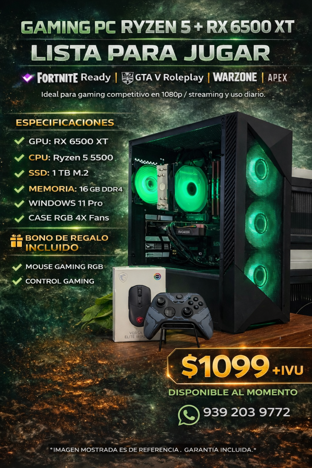 Gaming PC Ryzen 5 5500 + RX 6500 XT | 16GB RAM | 1TB M.2 | PSU 600W